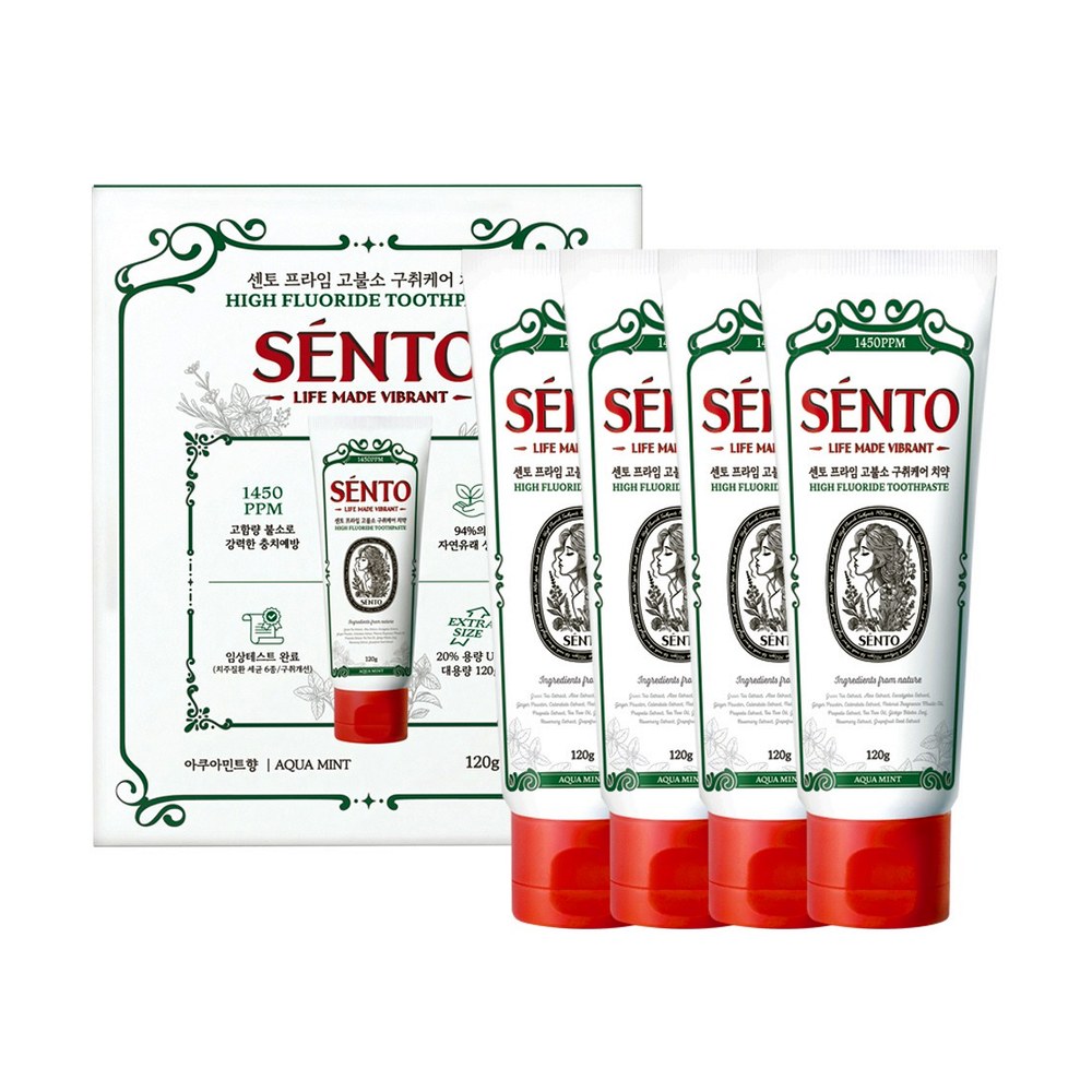 센토 프라임 고불소 구취케어 치약 아쿠아민트향, 120g, 4개