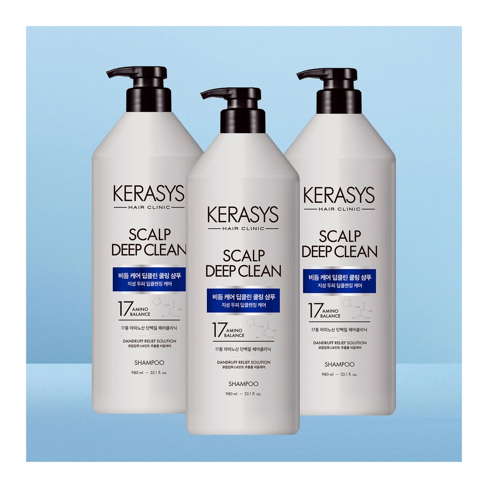 케라시스 두피 비듬케어 딥클린 쿨링 단백질 샴푸, 980ml, 3개
