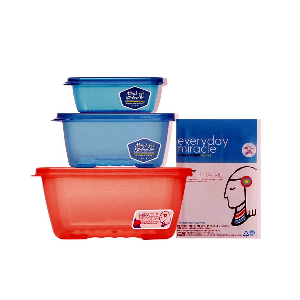 미라네주방 신선 밀폐용기, 오리지널 320ml + 오리지널 750ml + 황토 1.8L, 1세트 + 증정 미라클 봉투, 4L, 1개