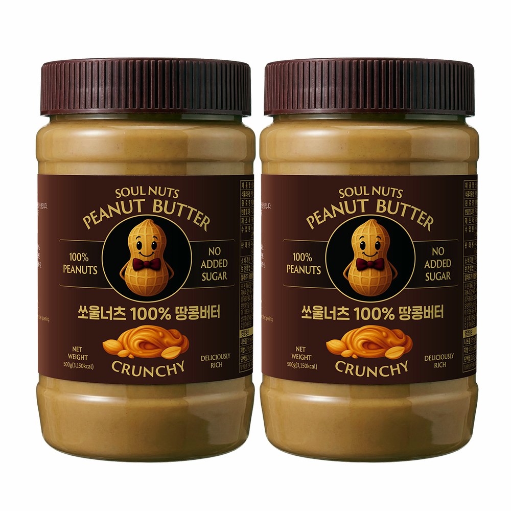 쏘울너츠 100% 땅콩버터 크런치, 500g, 2개