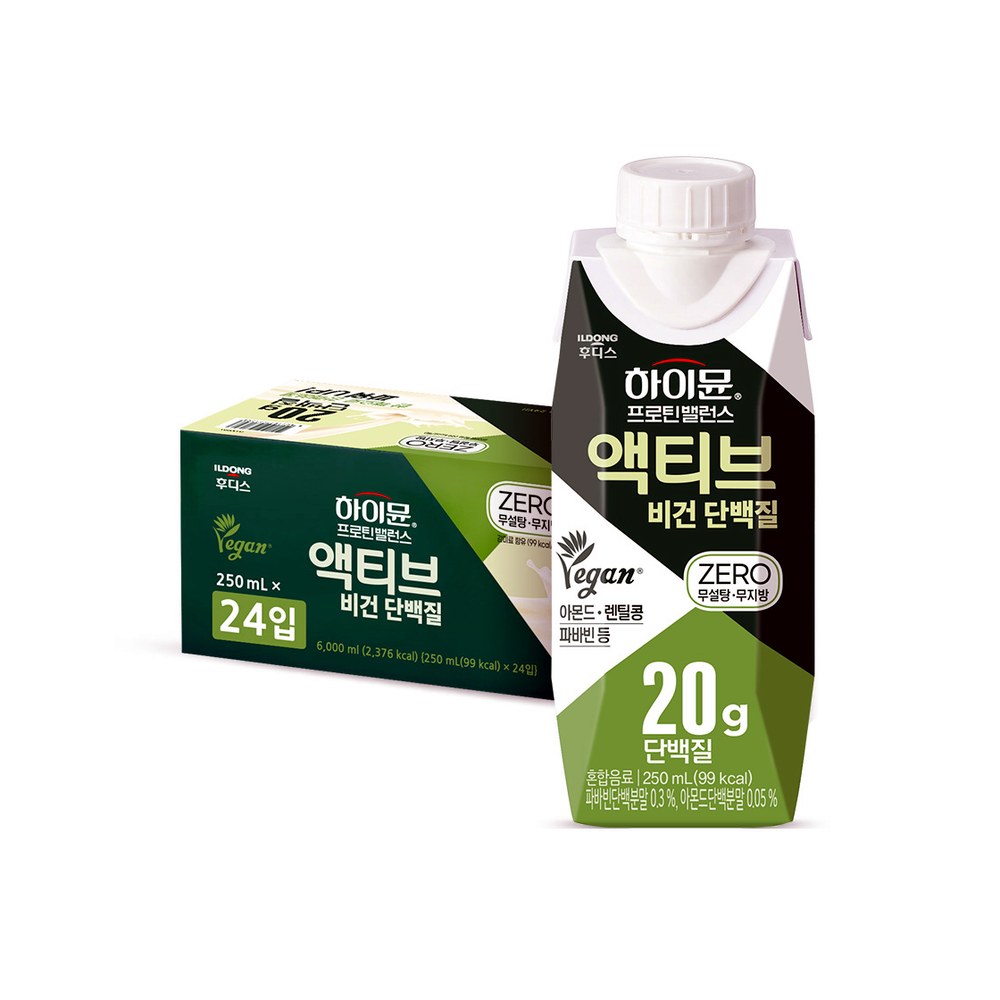 일동후디스 하이뮨 프로틴 밸런스 액티브 비건 단백질 제로, 250ml, 24팩