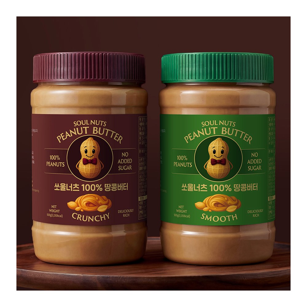 쏘울너츠 100% 땅콩버터, 크런치 500g 1개 + 스무스 500g 1개, 2개