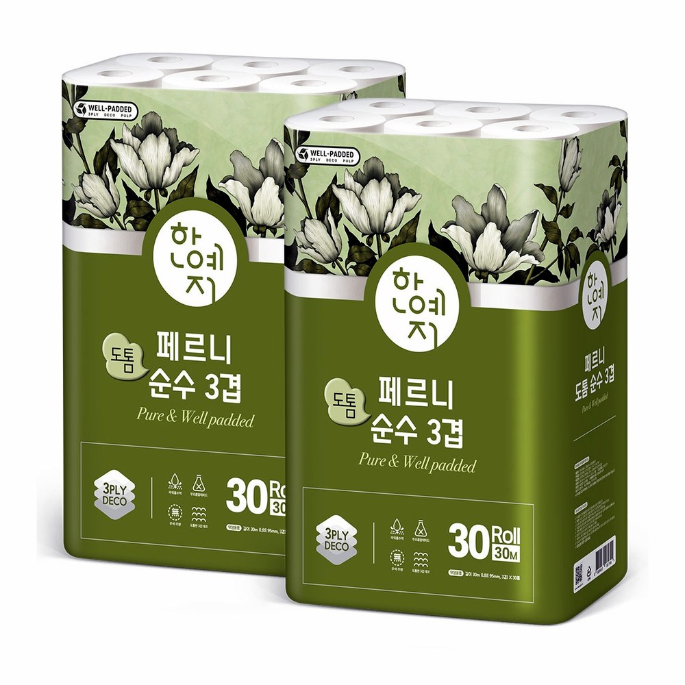 한예지 페르니 도톰 순수 3겹 화장지, 30m, 30롤입, 2개