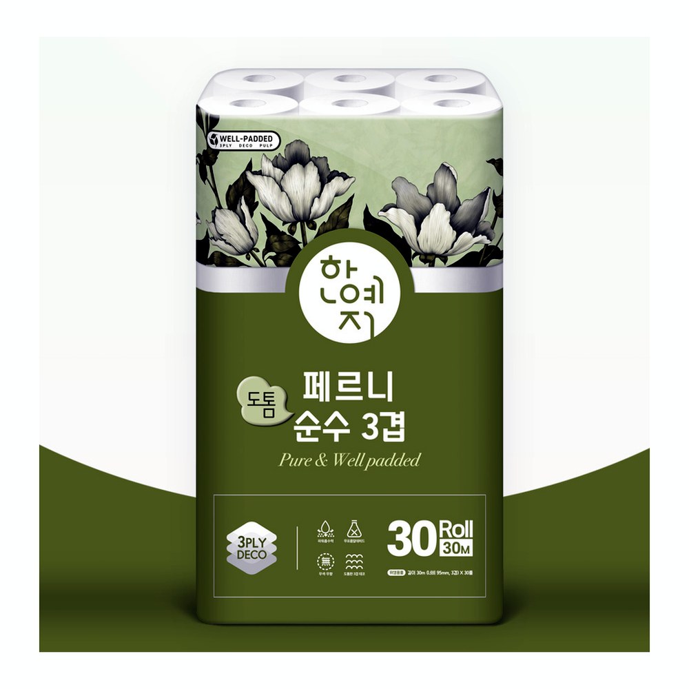 한예지 페르니 도톰 순수 3겹 화장지, 30m, 30롤입, 2개